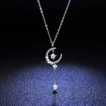 18K White Gold Moon Stars Moissanite Diamonds Pendant Necklace