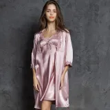 Women 2 Pieces Satin Silk Sleep Dress Sling Bowknot Mini Dress and Three-Quarter Sleeve Robe Pajamas