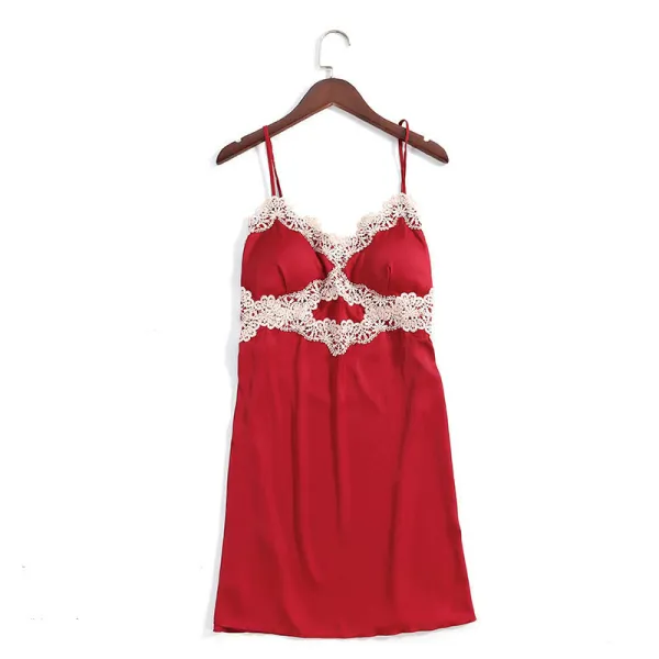 Women Satin Silk Sleep Dress Embroidery Sling V-Neck Lace Mini Dress Pajamas