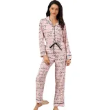 Women 2 Pieces Pink Sleepwear Long Sleeve Button Shirt and Long Pants Pajamas Set