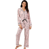 Women 2 Pieces Pink Sleepwear Long Sleeve Button Shirt and Long Pants Pajamas Set