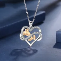 Sterling Silver Heart Rose Zirconia Diamonds Pendant Necklace