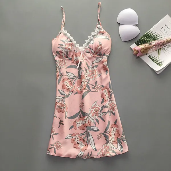 Women Satin Silk Sleep Dress Sling Lace Floral Printed Mini Dress Pajamas