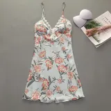 Women Satin Silk Sleep Dress Floral Printed Sling Backless Dress Pajamas