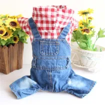 Pet Small Dog Red Lattice Shirt Denim Overall Puppy Cloth