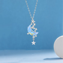 Sterling Silver Moon Stars Gemstone Pendant Necklace