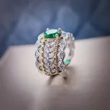 18K White Gold Rose Gold Hollow Out Pave Diamonds Emerald Cut Gemstone Vintage Rings