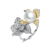 Sterling Silver Flower Pave Zirconia Solitaire Pearl Rings