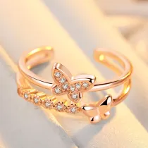 Golden Zircon Butterfly Fashion Jewelry Inlaid Diamond Adjustable Size Women Ring