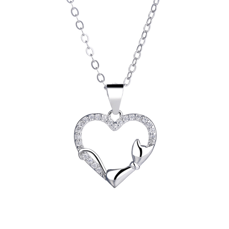 Sterling Silver Diamond Heart Little Cat Pendant Necklace