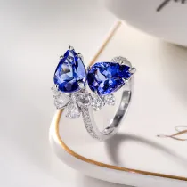 Sterling Silver Pave Zirconia Pear Cut Sapphire Adjustable Gemstone Rings