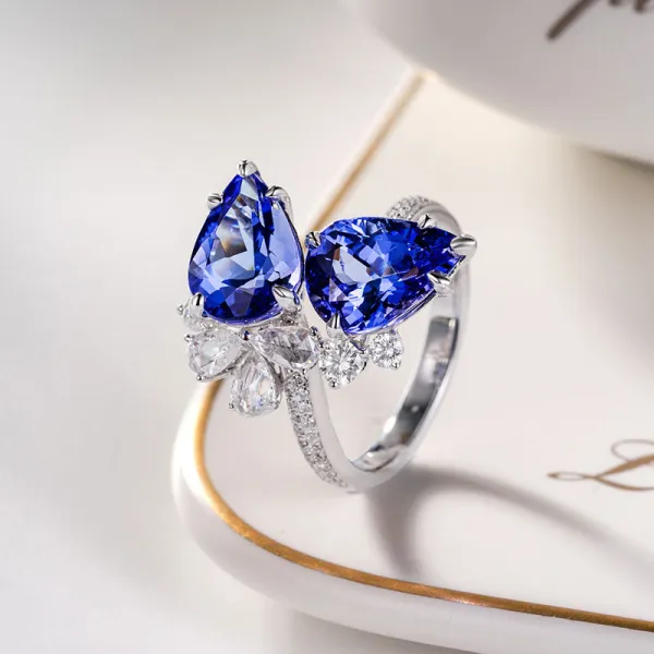 Sterling Silver Pave Zirconia Pear Cut Sapphire Adjustable Gemstone Rings
