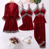 Women 4 Pieces Gold Velvet Sleepwear Lace Sling Dress and Tops Pajamas Set