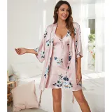 Women 2 Pieces Satin Silk Sleep Dress Sleeveless Sling Mini Dress and Robe Pajamas Set