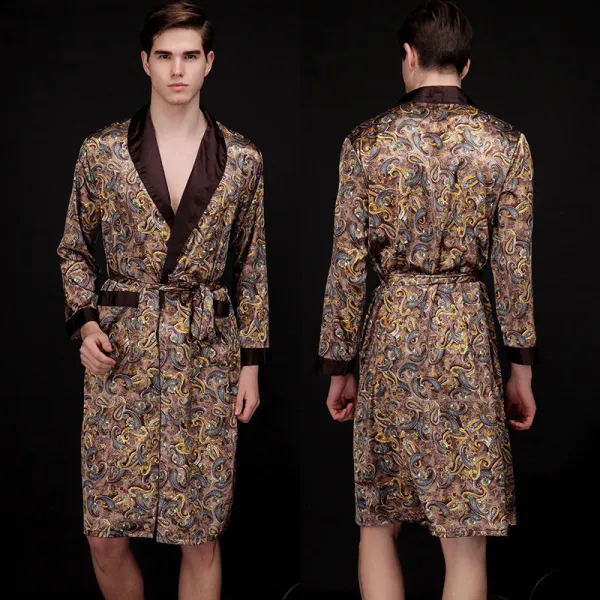 Men Satin Silk V-Neck Sleepwear Long Sleeve Printed Midi Robe Nightgown Pajamas
