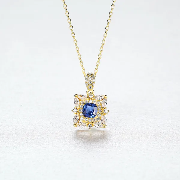 Sterling Silver Cushion Cut Sapphire Pendant Necklace