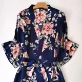 Women 5 Pieces Satin Silk Sleepwear Floral Printed Robe Lace Comi Top and Shorts Pajamas Set