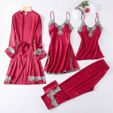 Women 4 Pieces Satin Silk Sleepwear Robe Sling Dress and Cami Top Shorts Pajamas Set