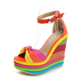 Women Colorful Cross Strap Ankle Buckle Wedge Sadals