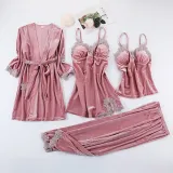 Women 4 Pieces Gold Velvet Sleepwear Cami Top and Pants Robe Pajamas Set