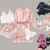 Women 4 Pieces Satin Silk Sleepwear Nightgown Lace with Lingerie Pajamas Set