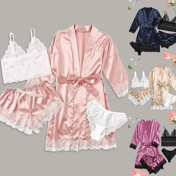 Women 4 Pieces Satin Silk Sleepwear Nightgown Lace with Lingerie Pajamas Set