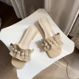 Women Pearls Open Toe Bare Flat Heel Leisure Sandalias Slippers