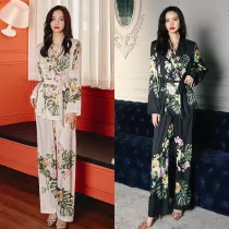 Women 2 Pieces Satin Silk Floral Printed Sleepwear Long Sleeve Surplice Top with Belt and Long Pants Pajamas Set