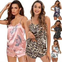 Women 2 Pieces Satin Silk Sleepwear Leopard Print Sling Tops and Shorts Pajamas