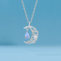 Sterling Silver Hollow Out Moon Gem Pendant Necklace