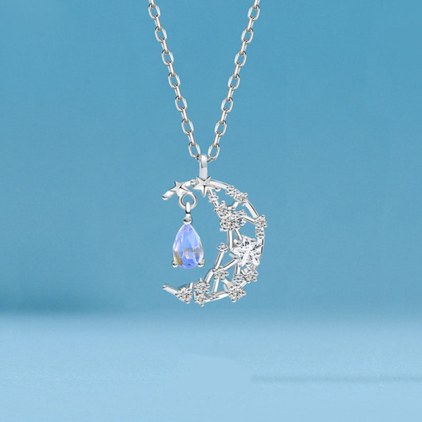 Sterling Silver Hollow Out Moon Gem Pendant Necklace
