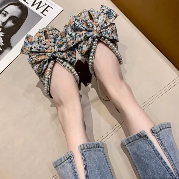 Women Boho Bohemia Flower Bow Tie Closed Toe Leisure Beach Sandalias