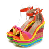 Women Colorful Cross Strap Ankle Buckle Wedge Sadals