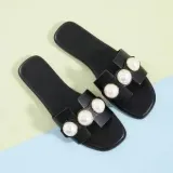 Women Lenuine Leather Pearls Block Flat Sandals Shoes