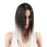 Women Synthetic Gradient Granny Grey Medium Long Straight Hair Wigs Middle Parting Wig