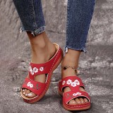 Women Open Toe Flower Pattern Wide Strap Platform Sandal Slipper
