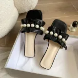 Women Pearls Open Toe Bare Flat Heel Leisure Sandalias Slippers