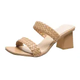 Women Woven Leather Comfort Walking Flip Flops High Heel Pump Sandals