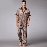 Women 2 Pieces Satin Silk Sleepwear Short Sleeve Shirt and Oants Pajamas Set