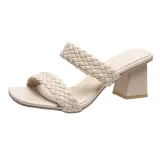 Women Woven Leather Comfort Walking Flip Flops High Heel Pump Sandals