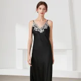 Women Sling Sleeveless Lace V-Neck Sleepwear Solid Color Silk Maxi Dress Pajamas