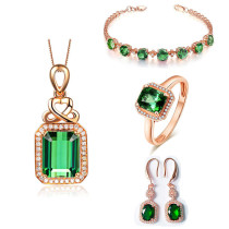 Emerald Clover Pendant Chain Jewelry Necklaces Women Rings Jewelry Sets
