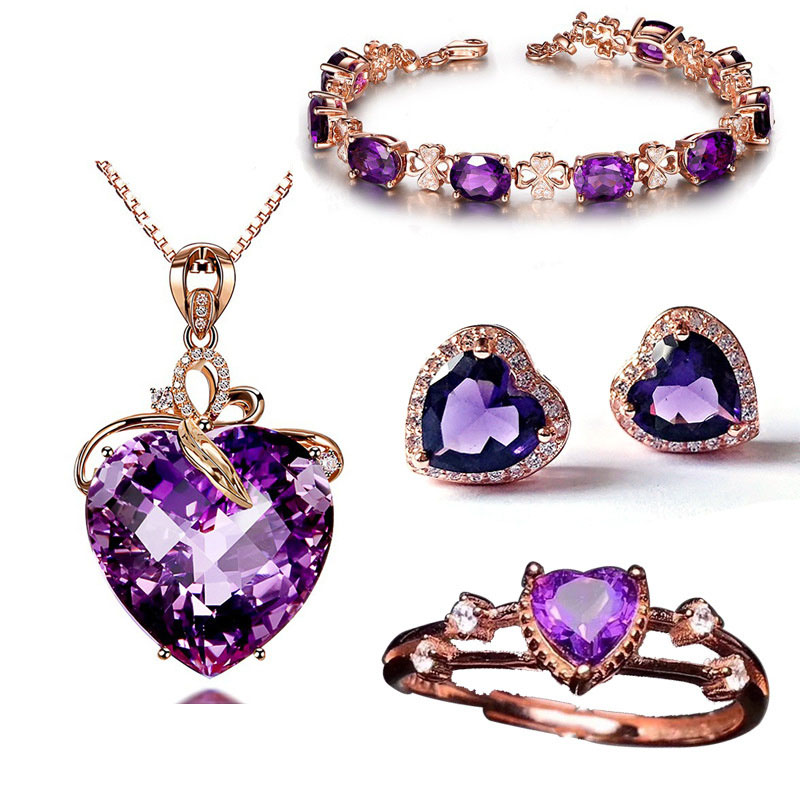 Purple Jewel Heart Pendant Chain Jewelry Necklaces Women Rings Jewelry Sets