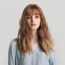 Women Long Brown Mix Blonde Wave Wigs With Neat Bangs