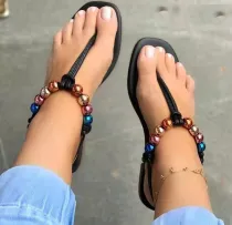 Flat Pearl Solid Color Casual Beaded Rome Flip Flops Sandals