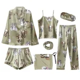 Women 7 Pieces Satin Silk Sleepwear Floral Printed Long Sleeve Shirt Sling Top and Pants Pajamas Set