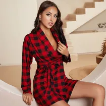 Women V-Neck Pajamas Red Plaid Long Cardigan Dress Nightgown Sleepwear