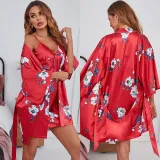 Women 2 Pieces Satin Silk Sleep Dress Sleeveless Sling Mini Dress and Robe Pajamas Set