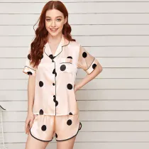 Women 2 Pieces Sleepwear Silk Short Sleeve Polka Dots Top and Shorts Pajamas Set