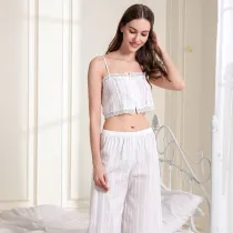 Women 2 Pieces White Sleepwear Silk Sling Vest Lace Top and Long Pants Pajamas Set
